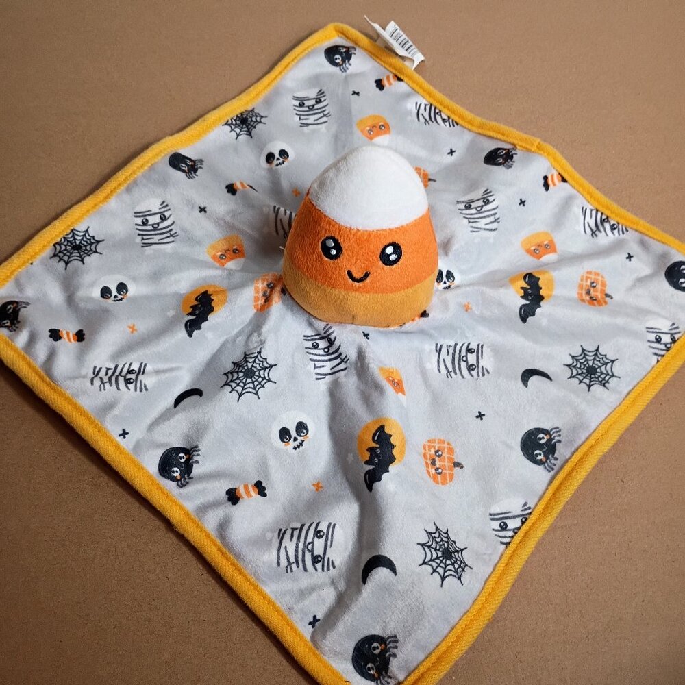 Candy Corn Halloween Lovely Baby Security Blanket 12x12 Gray Orange Spiders Webs